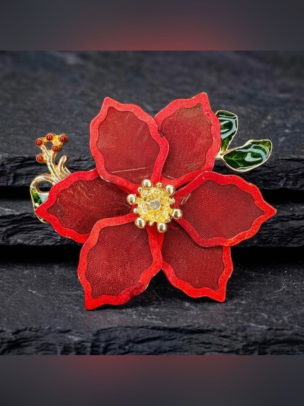 Vintage Y2K Kenneth Cole Red Mesh Poinsettia Green Enamel Christmas Brooch